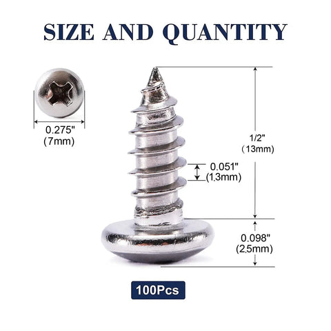 Pro Grade Number 6 X 1/2 Inch 304 Stainless Steel Wood Screws 100 Pack Pan Head Fasteners with dimensions shown.