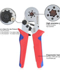 Kickstart Your Electrical Jobs With These Precision Mini Adjustable Ratchet Crimping Pliers Featuring Square Hexagon Terminal Ferrules For Wide Wire Compatibility And Serious Labor Saving Efficiency On Any Home Project Today. red-and-blue ergonomic ratchet crimping pliers with high-precision jaw