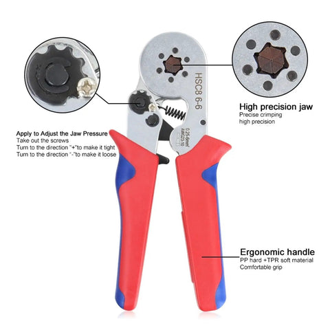 Kickstart Your Electrical Jobs With These Precision Mini Adjustable Ratchet Crimping Pliers Featuring Square Hexagon Terminal Ferrules For Wide Wire Compatibility And Serious Labor Saving Efficiency On Any Home Project Today. red-and-blue ergonomic ratchet crimping pliers with high-precision jaw