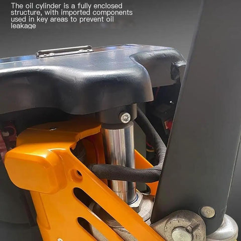 Close-up of the oil cylinder in the Rock Hard 4400 Lb Capacity Electric Pallet Jack With Fast Lithium Battery.