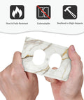 Sleek White And Gold Marble Abstract Light Switch Covers And Wall Plates Tough As Nails Polycarbonate Outlet Faceplates held in hands.