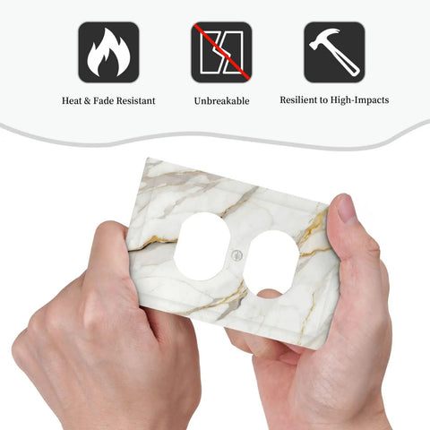 Sleek White And Gold Marble Abstract Light Switch Covers And Wall Plates Tough As Nails Polycarbonate Outlet Faceplates held in hands.