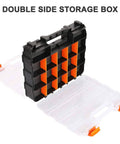Double Sided Tools Organizer With Removable Dividers, 34 Compartment Hardware Box, black and orange case open with compartments visible