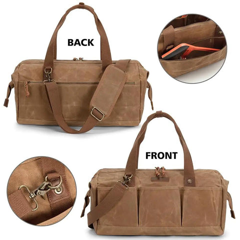 Heavy Duty 18 Inch Waxed Canvas Tool Bag With 12 Spacious Pockets Large Zippered Organizer Built Tough For The Daily Grind Soft Grip Handle Portable Workhorse For Tradesmen