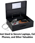 Portable Steel Lock Box With Tether Cable For Stashing Laptops, Phones And Valuables, Keyless Combination Safe, open with items inside