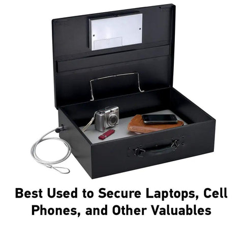 Portable Steel Lock Box With Tether Cable For Stashing Laptops, Phones And Valuables, Keyless Combination Safe, open with items inside