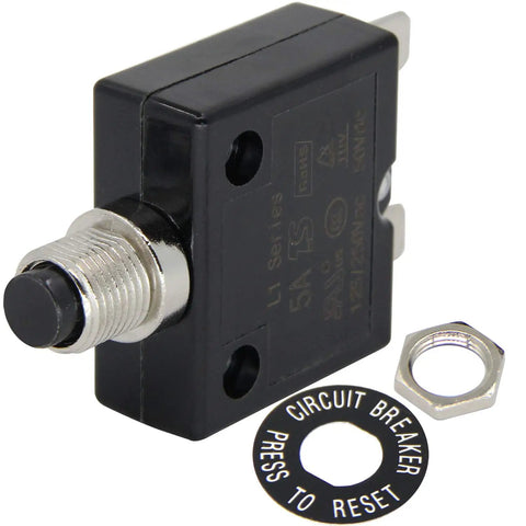 Single Pole Push Button Circuit Breaker 125 To 250V AC 50V DC 5A Manual Reset Thermal Protector L1 Series