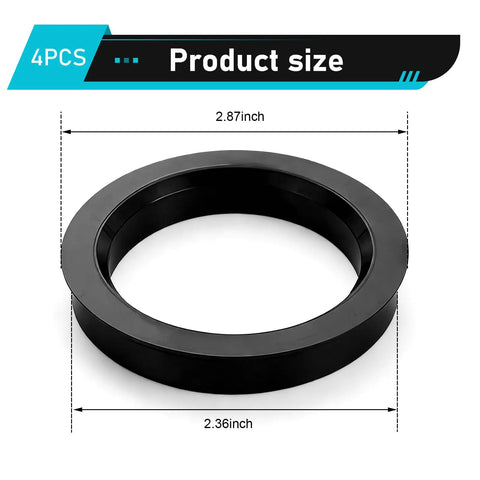Four Pack Car Hub Centric Rings For Buttery Smooth Rides, 60.1 To 73.1 Mm, black with dimensions 2.87 inch outer and 2.36 inch inner.