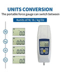 Beefy Push And Pull Force Tester Meter With Four Units N Kg Lb Oz Portable Case With Backlit LCD Power Off Feature High Accuracy 500N Dynamometer For Precise Force Readings And Real Time Peak Modes. Units conversion screen with force gauge and four measurement units.