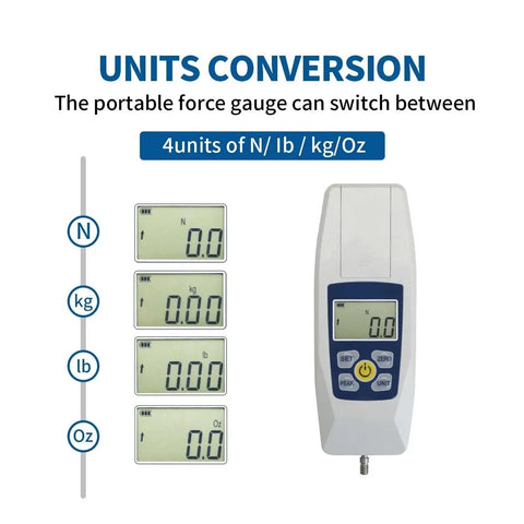 Beefy Push And Pull Force Tester Meter With Four Units N Kg Lb Oz Portable Case With Backlit LCD Power Off Feature High Accuracy 500N Dynamometer For Precise Force Readings And Real Time Peak Modes. Units conversion screen with force gauge and four measurement units.