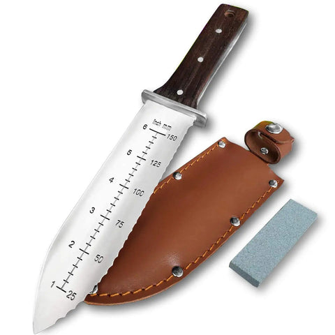 Hori Hori Garden Knife with Leather Sheath and Handguard Pro Grade 440 Stainless Steel Blade Sharpening Stone Included