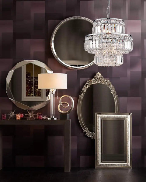 Modern Crystal Raindrop Pendant Chandelier With LED Ceiling Light, 13 in diameter, hanging in an elegant room setting.
