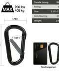 Heavy Duty Black Carabiner Clip Built Tough For 900lbs, 3 Inch Steel D Shaped Snap Hook size and strength details
