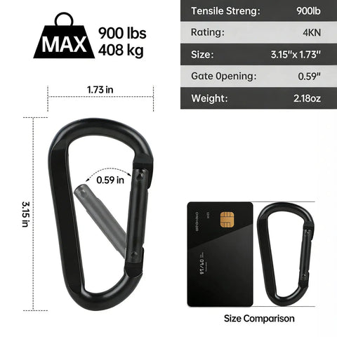 Heavy Duty Black Carabiner Clip Built Tough For 900lbs, 3 Inch Steel D Shaped Snap Hook size and strength details