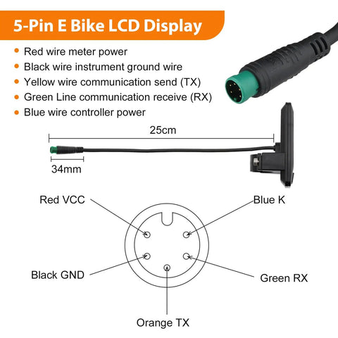 5 Pin E Bike Display cable connectors and wiring diagram for 24V 36V 48V Systems with G51 Color LCD, No 2 Protocol integration.