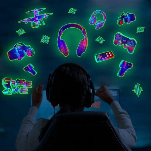 3D Glow In The Dark Video Game Controller Wall Decal For Boys Room Kids Bedroom Playroom Multicolor Wall Sticker Decor Dope Gamer Vibe Deluxe Set With Easy Peel Adhesive Backing showing gaming symbols and headphones