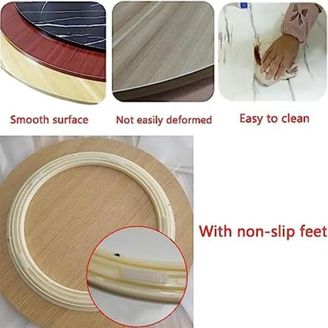 Big Ol Solid Wood Lazy Susan Turntable Rotating Serving Tray With Buttery Smooth Glide Swivel Base For Dining Tables Kitchen Islands And Party Buffets, showing smooth surface and non-slip feet.