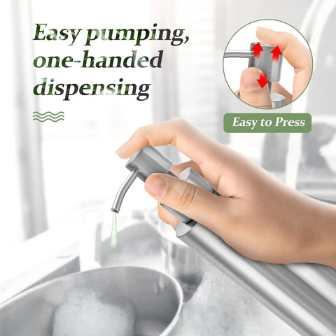 Hand using Sleek Stainless Steel Countertop Soap Dispenser For Kitchen And Bath, Rust Proof Pump for easy dispensing