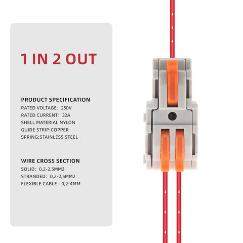 Lever Wire Connectors 10 Pack 1 In 2 Out Inline Splice Quick Connect For Electrical Wire with specifications and red wire