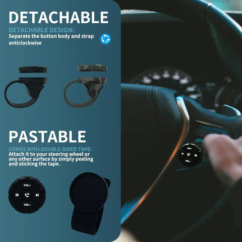 Waterproof Bluetooth Media Button Remote For Car, Bike, And Motorcycle on a steering wheel, detachable design.