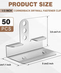 50 Pack Of 1/2 Inch Drywall Corner Repair Clips Featuring Top Shelf Wall Backup Fasteners For Studs, detailed dimensions shown.