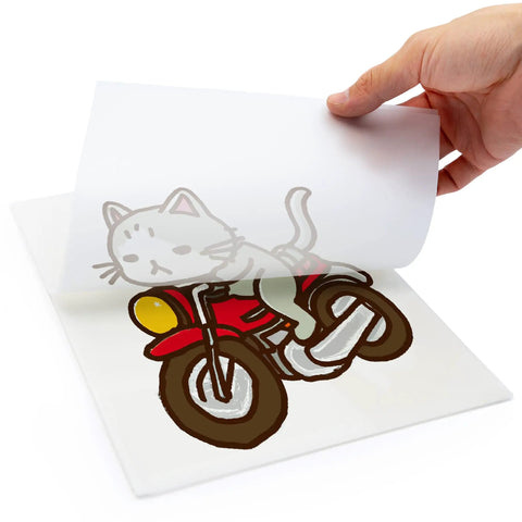 Hand peeling Premium DTF Transfer Film 13X19 Matte Clear PET showing cat on motorcycle, DIY Direct Print A3 Plus, Hot Cold Peel