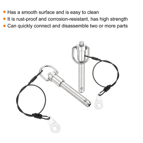 Two Pack Quick Release Pins Three Eighths Inch Diameter By One And A Half Inch Length Push Button Ball Locking Pins With Ring Handle and Wire