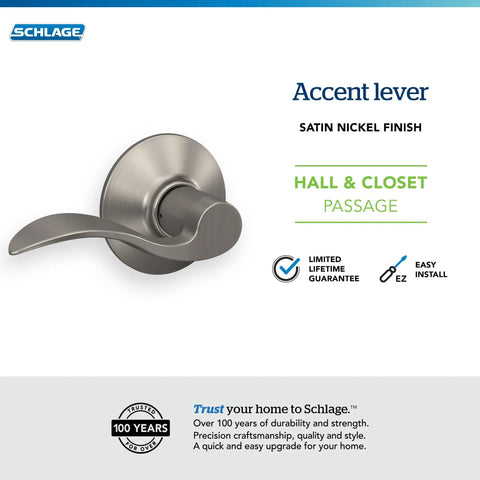 Accent Interior Door Lever For Hall And Closet Passage Non Locking Function Satin Nickel Finish Easy Install With Self Aligning Screws Ideal For Interior Doors No Lock Needed