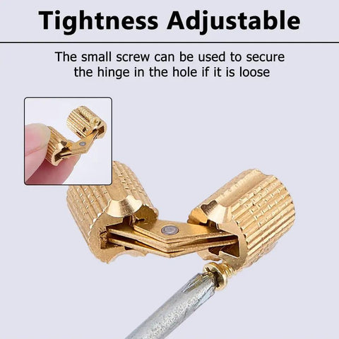 Close-up of hidden brass barrel hinges set with 8mm pins, 10mm drill bit included, featuring tightness adjustment