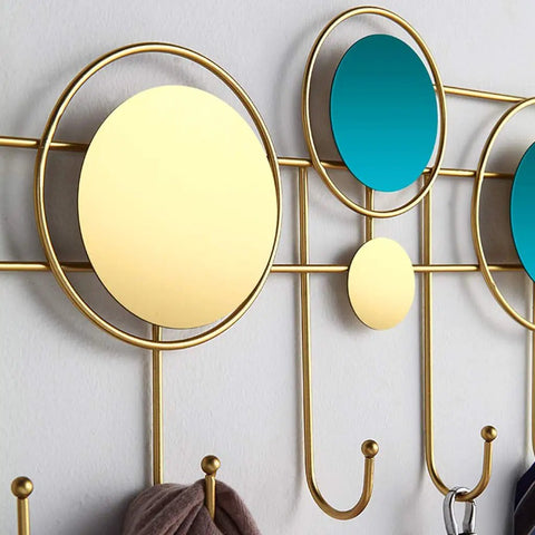 Heavy Duty Wall Mounted Coat Rack With Seven Rustproof Iron Hooks Modern Light Luxury Hardware Entryway And Bathroom Storage Solution That Handles The Daily Grind In Style, featuring gold and blue circular designs.