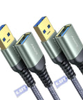 2 Pack USB 3.0 Extension Cables Type A Male To Female, 6.6 Feet Each, Braided Nylon, Tough As Nails SR Joint, Grey