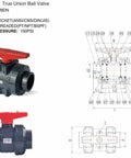 Premium Pvc Ball Valve Union Fitting For Water Lines And Drainage Systems Slip Connector with red handle and detailed dimensions.
