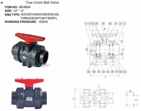 Top Notch Half Inch To One Point Five Inch PVC Ball Valve Union Fitting with smooth slip design for plumbing and hose connections.