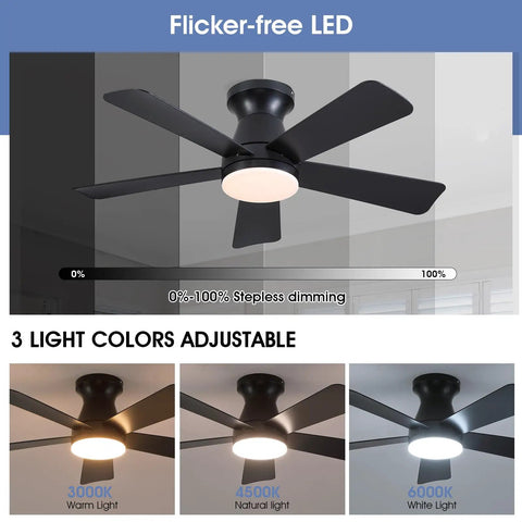 41 Inch Black Low Profile Ceiling Fan With Lights And Remote Modern Flush Mount Ceiling Fan with adjustable LED light colors.
