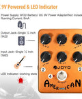 American Tube Amp Simulator And Preamp Guitar Pedal With Built In Cab Sim 6 Knob Tone Control in golden-orange with labels