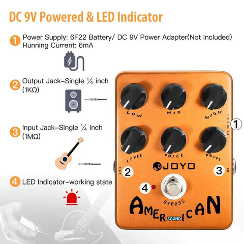American Tube Amp Simulator And Preamp Guitar Pedal With Built In Cab Sim 6 Knob Tone Control in golden-orange with labels