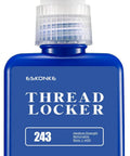 Front view of blue thread locker bottle with white applicator nozzle; Eskonke 243 medium-strength.