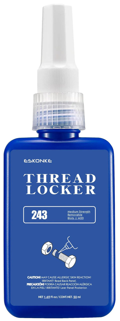 Front view of blue thread locker bottle with white applicator nozzle; Eskonke 243 medium-strength.