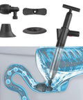 Heavy Duty High Pressure Toilet Plunger With Barometer And Extra Long Handle To Blast Away Pesky Clogs From Toilets Kitchen Sinks And Showers In Minutes No Sweat Air Drain Blaster For Home Plumbing Fixes On The Go showing components and usage on a drain.