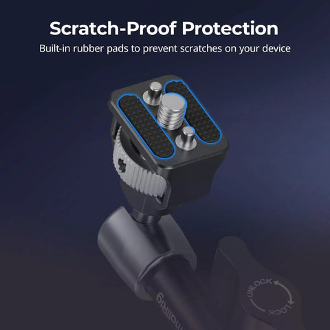 Close-up of 7 Inch Magic Arm with rubber pads, 1/4-20 screws, 360-degree dual ball head, non-slip design for cameras and mics.