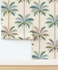 Premium Midcentury Modern Wallpaper With Dang Solid Durability And A Killer Matte Linen Texture PVC Free Paste To Paper Commercial Wallcovering For Kitchens Baths Hallways, featuring colorful palm trees on a cream background.
