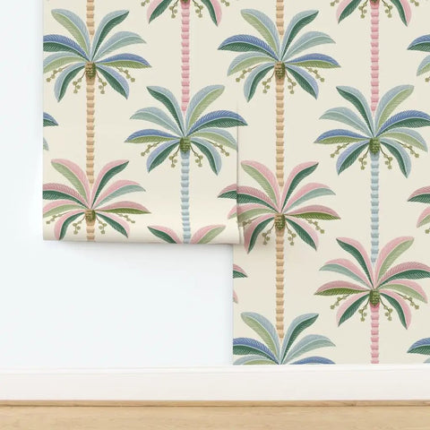 Premium Midcentury Modern Wallpaper With Dang Solid Durability And A Killer Matte Linen Texture PVC Free Paste To Paper Commercial Wallcovering For Kitchens Baths Hallways, featuring colorful palm trees on a cream background.