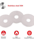 Three 304 stainless steel fender washers with 3/8 inch inner hole and 1-1/2 inch outer diameter