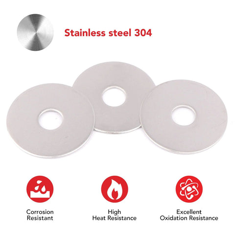 Three 304 stainless steel fender washers with 3/8 inch inner hole and 1-1/2 inch outer diameter