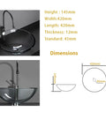 SDVantage Round Tempered Glass Vessel Sink Set for Bathroom Countertop, Above Counter Basin Bowl dimensions showing size and design.