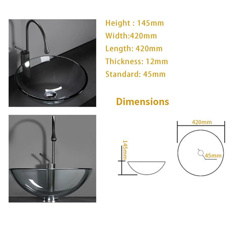 SDVantage Round Tempered Glass Vessel Sink Set for Bathroom Countertop, Above Counter Basin Bowl dimensions showing size and design.