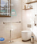 Elevate Your Bathroom Safety With This Stylish 18 Inch Satin Nickel Designer Grab Bar That Looks Great In Showers And Coordinates Perfectly With Other Accessories For A Non Clinical Cool Vibe; grab bar installed in contemporary bathroom setting.
