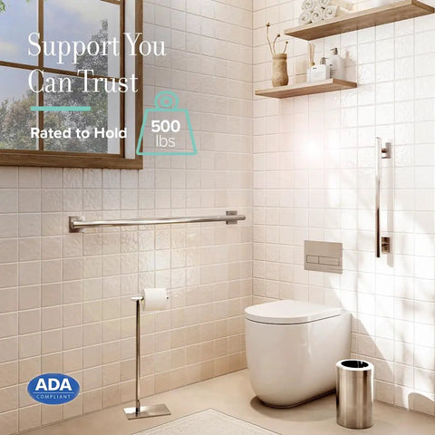 Elevate Your Bathroom Safety With This Stylish 18 Inch Satin Nickel Designer Grab Bar That Looks Great In Showers And Coordinates Perfectly With Other Accessories For A Non Clinical Cool Vibe; grab bar installed in contemporary bathroom setting.