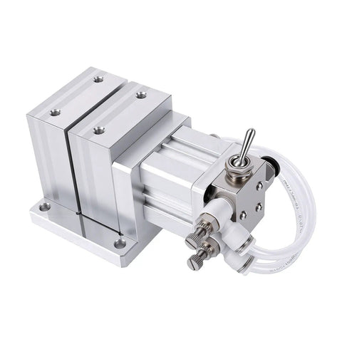 Top Tier Pneumatic Machine Vise With 3mm Stroke For Aluminum Clamping, Heavy Duty Air Drill Fixture showing silver metal construction and air control.