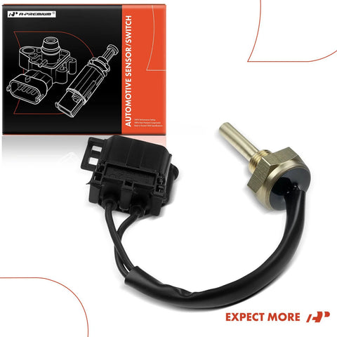 Front view of A-Premium coolant temperature sensor with black connector and brass probe for Volvo 850/960.